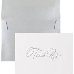 Jam Paper Thank You Card Sets, Silver Script Cards with Silver Stardream Envelopes, 25/Pack Quill Silver