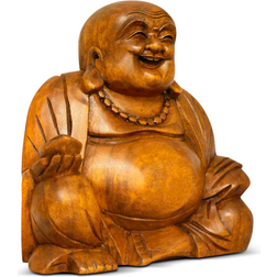 Happy Buddha Statue Hand Carved Smiling Brown Figurine 3.1"