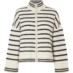 Selected Femme Sia Ras Stripe Long Sleeve Knit Cardigan - White