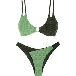 Zaful Two Tone O-ring Honeycomb Textured Bikini Swimwear - Green