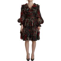 Dolce & Gabbana Brown Leopard Roses Silk Ruffled Gown Women's Dress