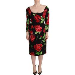 Dolce & Gabbana Black Red Roses Sheath Stretch Silk Women's Dress