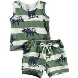 Dinosaur Letter Print Cotton Tank Tops Drawstring Shorts - Green