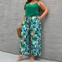 Shein Frenchy Plus Lace Trim Cami Top & Tropical Print Wide Leg Pants