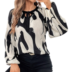 Shein Graphic Print Tie Neck Lantern Sleeve Blouse