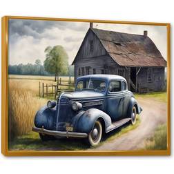 Design Art Old Blue Car at the Barn Gold Framed Art 32x16"