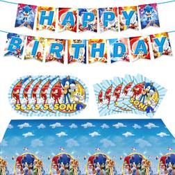 42Pcs Blue Hedgehog Party Supplies Plates Napkins Banner Table Cover Tablecloth for Boys Birthday Party Decoration Favor