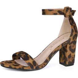 Allegra K Women's Ankle Strap Block Heel Leopard Brown Sandals