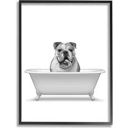 Stupell Industries Bulldog in Tub Bathroom Animal Black/Grey/White Framed Art 20x16"