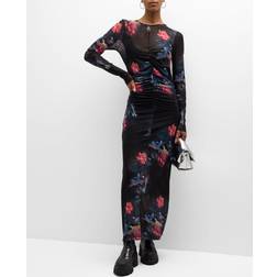 Ganni Women's Ruched Floral Mesh Maxi Dress Black