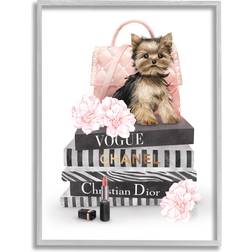 Stupell Industries Yorkie Puppy Glam Quilted Purse Fashion Bookstack Grey/Multicolor Framed Art 11x14"