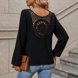 Shein Swiss Dot Guipure Lace Insert Lantern Sleeve Blouse