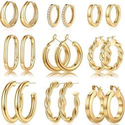 Yesteel Hypoallergenic Thick Lightweight 9 Set Hoop Earrings - Gold