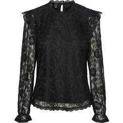 Pieces Olline Lace Long Sleeved Blouse - Black