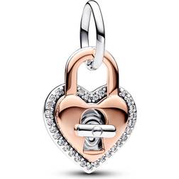 Pandora Two-tone Twistable Heart Padlock Double Dangle Charm - Silver/Rose Gold/Transparent