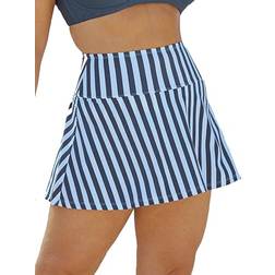 Shapermint Essentials High Waisted Full Coverage Swim Skirt - Ocean Blue Stripes