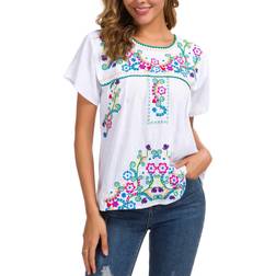 YZXDORWJ Women's Embroidered Mexican Peasant Blouse - White