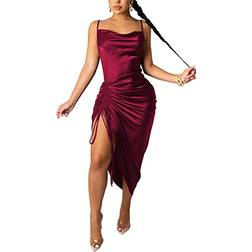 Wusenst Spaghetti Strap Satin Dress - Wine