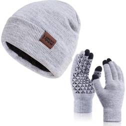 Nertpow Gloves Beanie Infitiny Scarf Set - Light Gray White