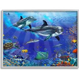 Stupell Industries Underwater Sea Life Scene Dolphins Grey Framed Art 20x16"