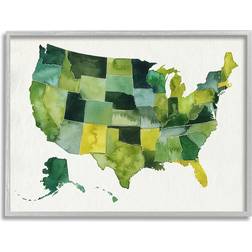 Stupell Industries United States Green Watercolor Map Modern Grey Framed Art 30x24"