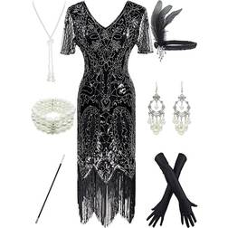 Love Letters Women 1920's Gatsby Vintage Sequin Flapper Fringe Party Plus Dress With 20's Accessories Set