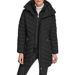 DKNY Women's Bibbed Hooded Lightweight Puffer Coat - Black