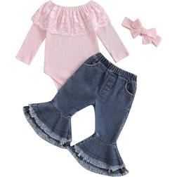 Infant Rib Frill Top & Flared Pant Set - Pink