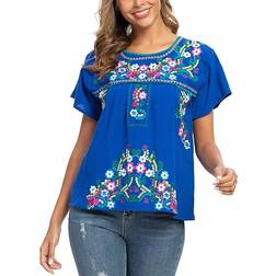 YZXDORWJ Women's Embroidered Mexican Peasant Blouse - Blue