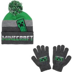 BioWorld Merchandising Youth Minecraft Creeper Character Beanie Gloves Set - Grey/Green
