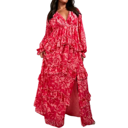 boohoo Frill Plunge Ruffle Maxi Dress Plus Size - Pink
