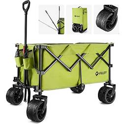 VILLEY Collapsible Wagon with Big Wheels, Enlarged 225lbs Load Capacity Beach Wagon, Heavy Duty Folding Wagon Cart with 2 Cup Holders, Portable Utility Foldable Garden Cart for Outdoor, Camping, Green