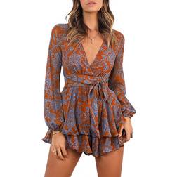 Aimcoo Women's Floral Print Deep V-Neck Romper - Orange