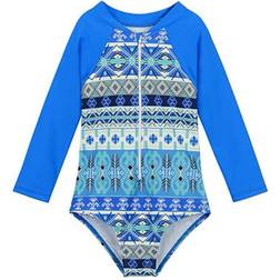 Gyratedream Kid's Long Sleeve Rashguard Floral Bathing Suit - Blue Geometry