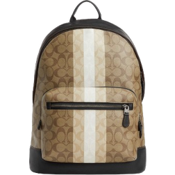 Coach West Backpack In Blocked Signature Canvas With Varsity Stripe - Gunmetal/Khaki Multi