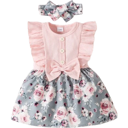 Shein Fashionable Baby Girl Short Sleeve Floral Print Dress With Bow Decoration