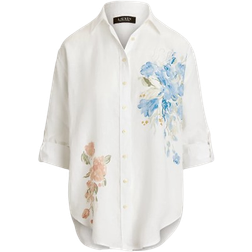 Ralph Lauren Oversize Floral Eyelet-Logo Linen Shirt - White