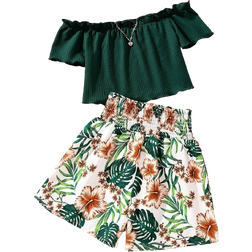 Shein Tween Girl Off Shoulder Top & Tropical Print Paperbag Waist Shorts