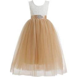 Glamulice Girl's A-Line Straight Tutu Tulle Backless Princess Puffy Lace Dress - Golden/Ivory
