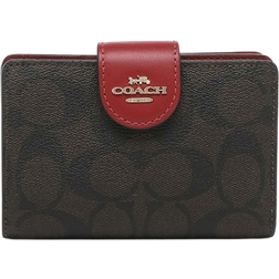 Coach Medium Corner Zip Wallet In Signature Canvas - Dark Brown/Red