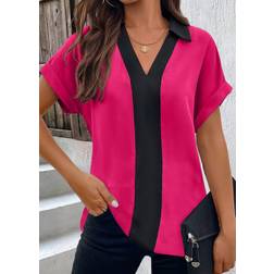 Modlily Hot Pink Patchwork Short Sleeve V Neck Blouse