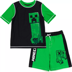 Minecraft Kid's Zombie Creeper Alex Steve Rash Guard & Swim Trunks Outfit Set - Creeper