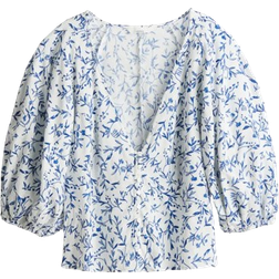 H&M Linen Blend Blouse - White/Blue Floral