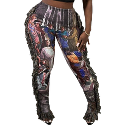 Shein Slayr Women's Fashionable High-Waisted Straight Trousers With Tassel Design In Oil Painting Printed Fabric