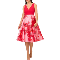 Adrianna Papell Floral Printed Mikado Skirt Sleeveless Midi Dress - Pink/Red Multi