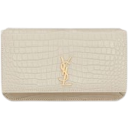 Saint Laurent Cassandre Phone Holder in Shiny Crocodile Embossed - Blanc Vintage