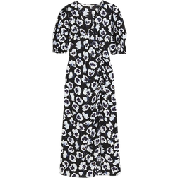 H&M Crepe Dress With Puff Sleeves - Black/Floral