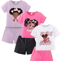 Shein 6pcs/Set Casual Daily Wear Baby Girl's Simple & Fun Sporty Pattern Printed Outfits Suitable For Spring And Summer Outing