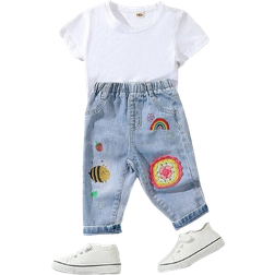 Shein Cute MultiColor Embroidered Denim Pants For Baby Girls