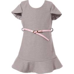 Richie House Kid's LS Dress with Faux Leather Waist Belt - Grey